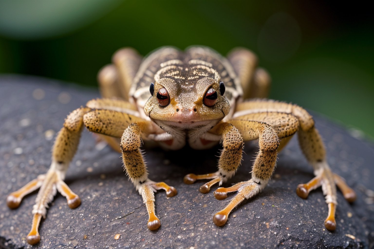(best quality, 8K, ultra-detailed, masterpiece), (ultra-realistic, photorealistic), A Wolf Spider body, hair eyes, and legs but with a Red-Eyed Tree Frog's skin and eye colors and textures.  The body will be that of a Wolf Spider, but will not have any brown skin tones or black eyes.  The Wolf Spider's body will have the vibriant skin color and detailed skin texture of a Red-Eyed Tree Frog.  The Wolf Spider will have all it's multiple set of eyes, but with the coloring of the Red-Eyed Tree Frog instead of the Wolf Spider's trademark solid black.  Craft an awe-inspiring 8K masterpiece showcasing a Wolf Spider's body with the anatomically correct number of eyes and legs of a Wolf Spider along with the Wolf Spider's long hairs, but it will bare the markings and colorings with extremely realistic and detailed Red-Eyed Tree Frog's coloring, skin texture, The Wolf Spider's unnerving multiple sets of eyes which are four small eyes in the lowest row, two very large eyes in a middle row, and two medium-sized eyes in a top row on the Wolf Spider's head and are stariing directly at the camera, but the color of the eyes are not black but while the eyes are the same size of eyes and at the same location on the head of a Wolf Spider the eyes have the coloring a Red-Eyed Tree Frog. The jaws are prominent and strong.will be present but instead of brown toned they will have the coloring of the Tree Frog.  Ensure meticulous detail in the Wolf Spider's body, legs, hair, number of eyes but replace the Wolf Spider's normal brown tones with the Red-Eyed Tree Frog's skin vibrant color, and skin texture, and elegant movement. This artwork should capture the Wolf Spider's enigmatic nature, revealing its unique beauty with the Wolf Spider presence but with the Red-Eyed Tree Frog's colors with unparalleled realism. make the Wolf Spider a stunning and unforgettable subject showing the entire spider's body from head to toe as it shows its Red-Eyed Tree Frog's vibrant skin colors and eye colors.  The background will be obviously in the Wolf Spider's natural habitat. The surface in the Spider's natural habitat's texture will be in impressive detail and realism. 