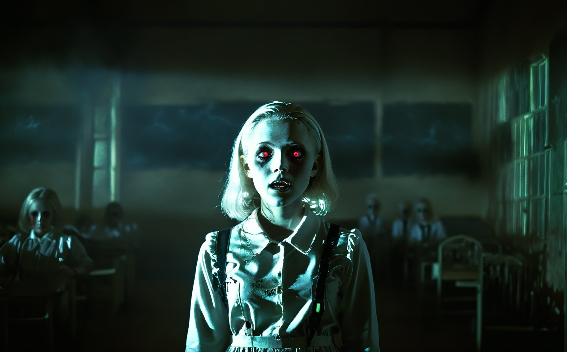 (masterpiece), ghost girl, poltergeist, (no eyes:1.2), blank pupils, black eyes socket, (glowing white eyes:1.2), resentment, cinematic lighting, school uniform, classroom background, fear ambience,horror, 4k, halloween, detailmaster2,HellAI,DonMn1ghtm4reXL