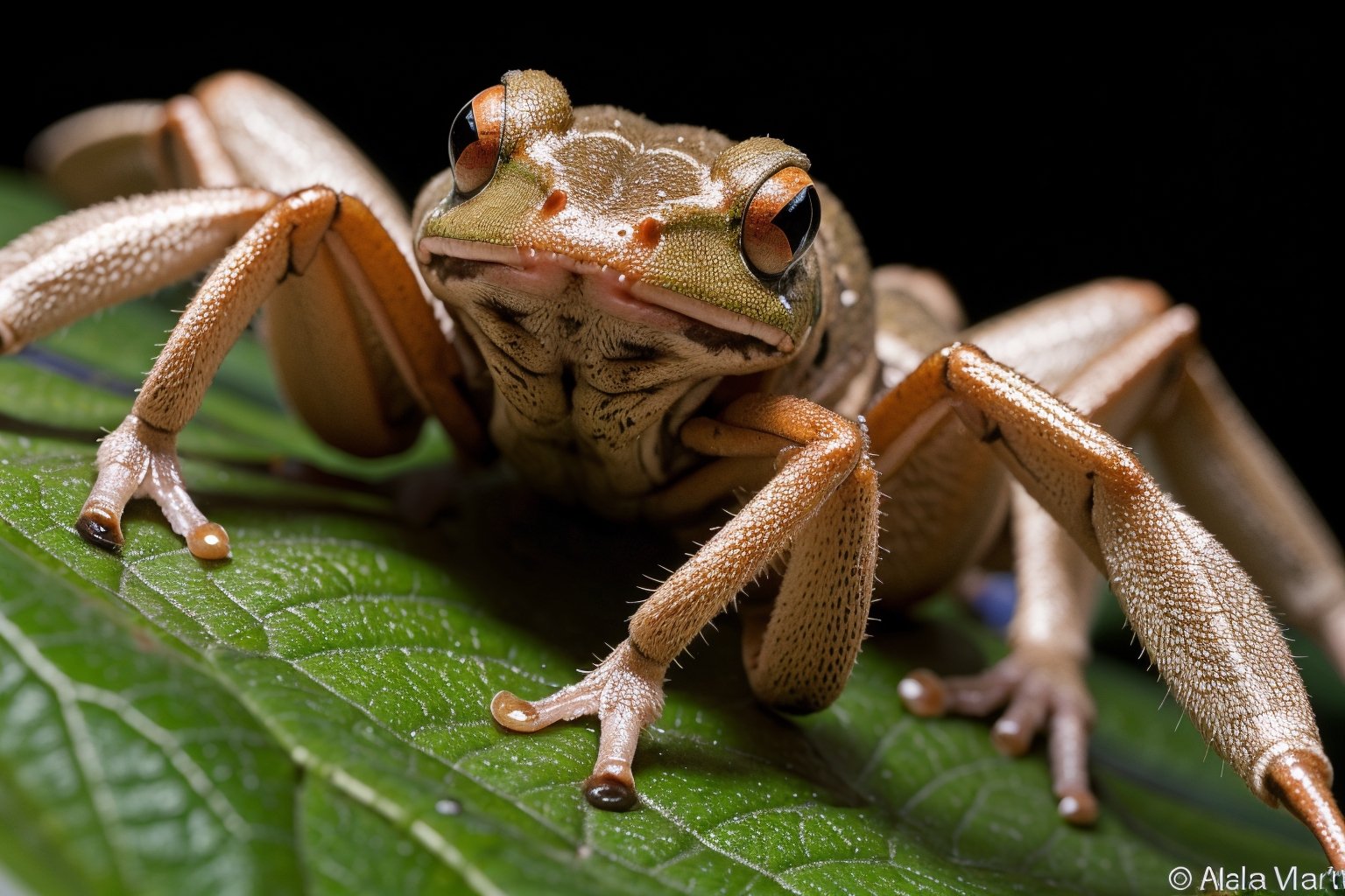 (best quality, 8K, ultra-detailed, masterpiece), (ultra-realistic, photorealistic), A Wolf Spider body, hair, 6 eyes, and 8 legs but with bright and vibrant coloing of a Red-Eyed Tree Frog's skin and eye colors and textures.  The body will be that of a Wolf Spider with eight legs, 6 eyes, and long hair, but the Wolf Spider will not have any brown skin tones or black eyes with the Wolf spider's normal colors  replaced with the vibrant and colorful skin color of a Red-Eyed Tree Frog.  The jaws of the spider are prominent and strong and will be present but instead of brown toned they will have the colorings of the Tree Frog.  Ensure meticulous detail in the Wolf Spider's body, 8 legs, hair, 6 eyes but replace the Wolf Spider's normal brown tones with the Red-Eyed Tree Frog's skin vibrant color, and skin texture, and elegant movement. This artwork should capture the Wolf Spider's enigmatic nature, revealing its unique beauty with the Wolf Spider presence and body but with the Red-Eyed Tree Frog's colors with unparalleled realism. make the Wolf Spider a stunning and unforgettable subject showing the spider's anatomical body from head to toe but with the Red-Eyed Tree Frog's vibrant skin colors and eye colors.  The background will be obviously in the Wolf Spider's natural habitat. The surface in the Spider's natural habitat's texture will be in impressive detail and realism. 