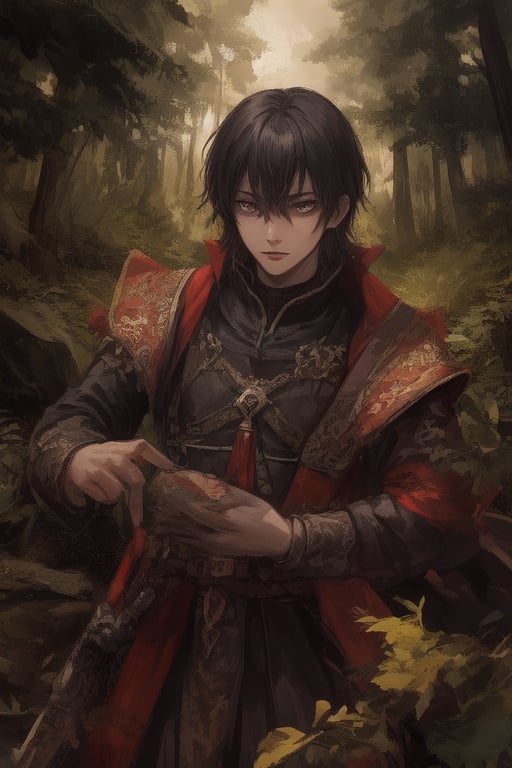 Young, black hair, short hair, purple eyes, black clothes, male, medieval clothes, Forest background