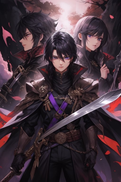 Young, black hair, purple eyes, black clothes, two-handed sword, male