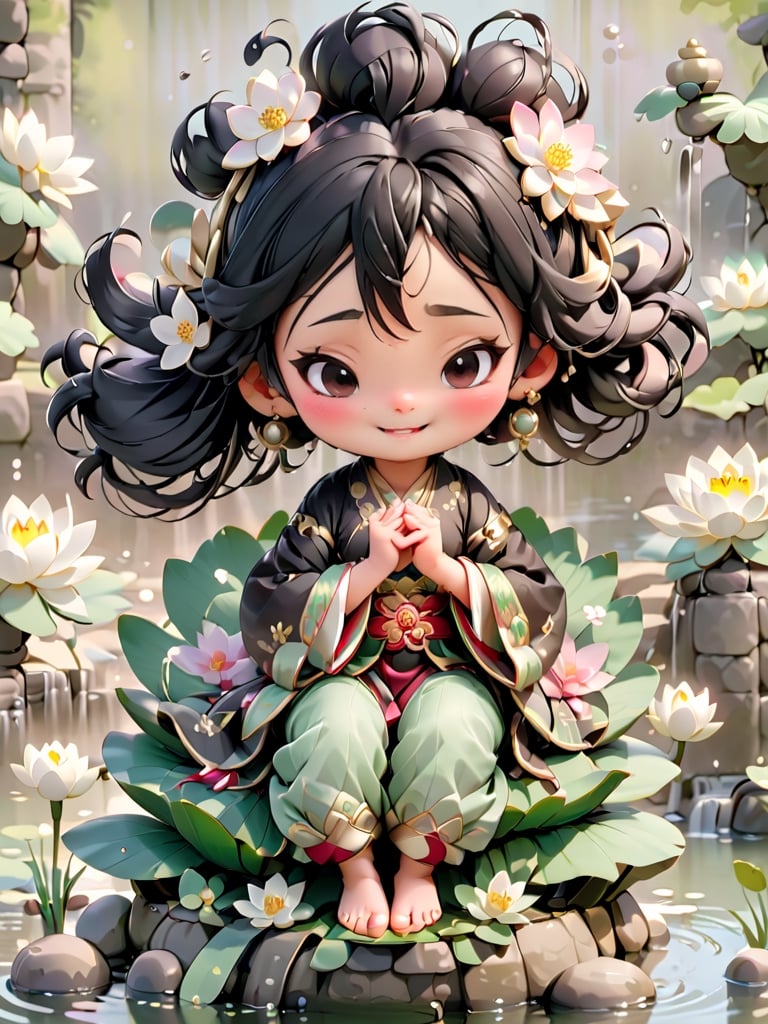 1girl, solo, blush, smile, open mouth, black hair, hair ornament, long sleeves, jewelry, sitting, full body, closed eyes, flower, :d, earrings, outdoors, day, wide sleeves, water, hair bun, chibi, hands up, chinese clothes, happy, own hands together, child, facing viewer, lily pad, lotus, updo, pondering my orb (meme)
