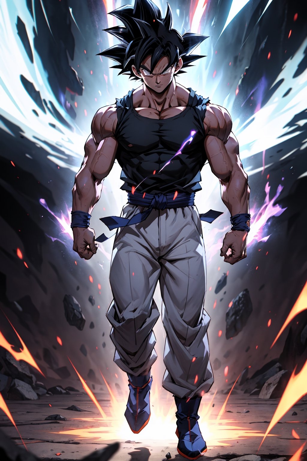 highly detailed, masterpiece, high quality, beautiful, full-body shot, son goku, son goku standing, ultra instinct, aura power, black sleeveless t-shirt, white pants, Insane detail in face, serious expression, closed mouth, slim, arms down, charging power, random background, grey eyes, 