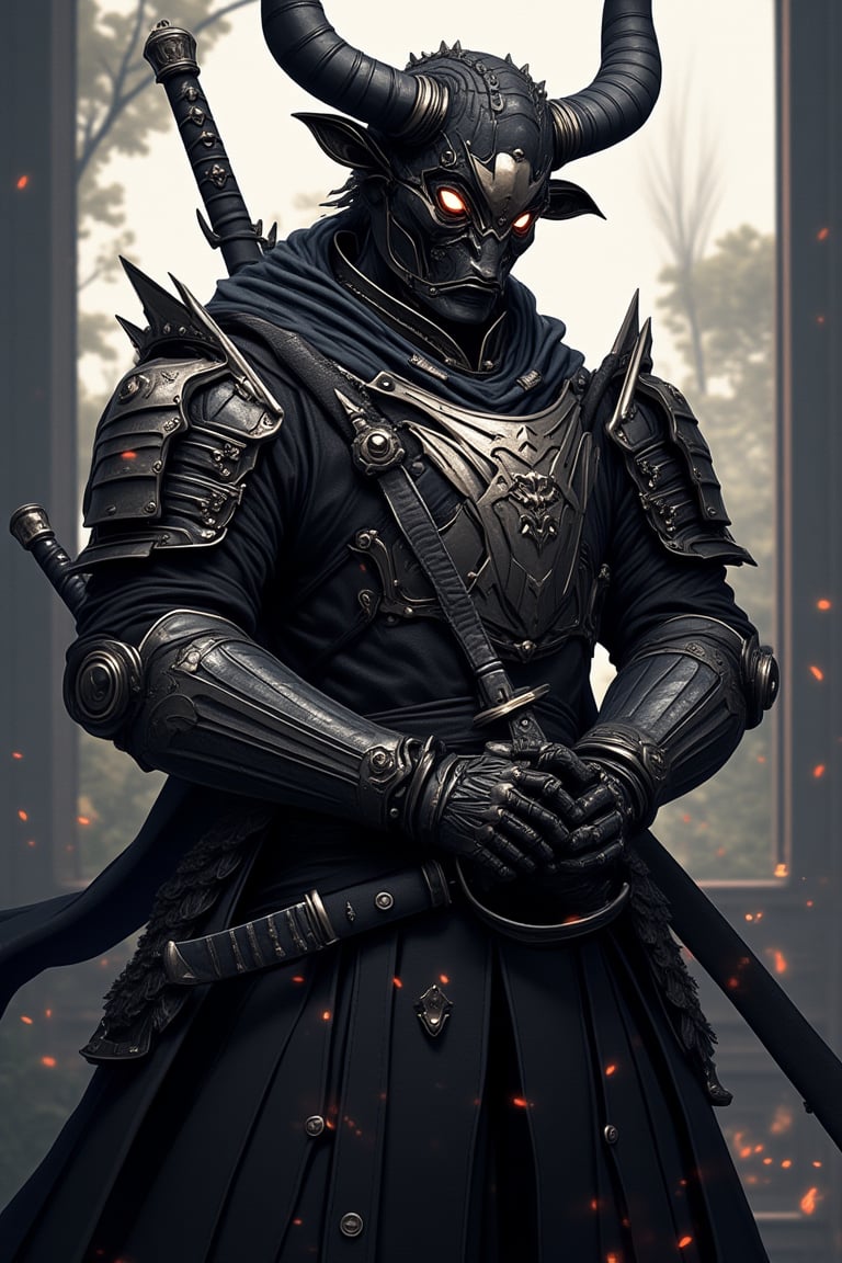 araffe dressed in a black suit holding a sword and a sword, cyborg samurai, cyber japan samurai armor, cyberpunk samurai, very beautiful cyberpunk samurai, full samurai armor spiderman, bio - mechanical ninja samurai, portrait of a cyberpunk samurai, cyber japan style armor, cyber japan armor, celtic and cyberpunk armor, black bull samurai, intricate assasin mecha armor