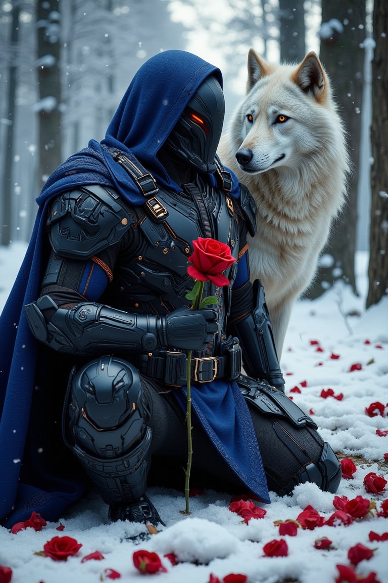 A crimson-clad knight, hood and cape billowing, kneels upon a snowy canvas scattered with rose petals. A majestic white wolf stands beside him, its piercing gaze mirroring the knight's own intense focus. (((The knight's Blue and white attire, adorned with gleaming skulls))), seems to absorb the soft forest glow at his back. His black mask and finely detailed face appear as if chiseled from dark stone. the knight (((holding a red rose in hand))). The (((digital painting illustration))) captures a cinematic moment, as the knight's powerful pose commands attention amidst the serene winter wonderland. close-up, low-angle shot, dynamic pose, F-GVA Armour Suit,Fantasy detailers