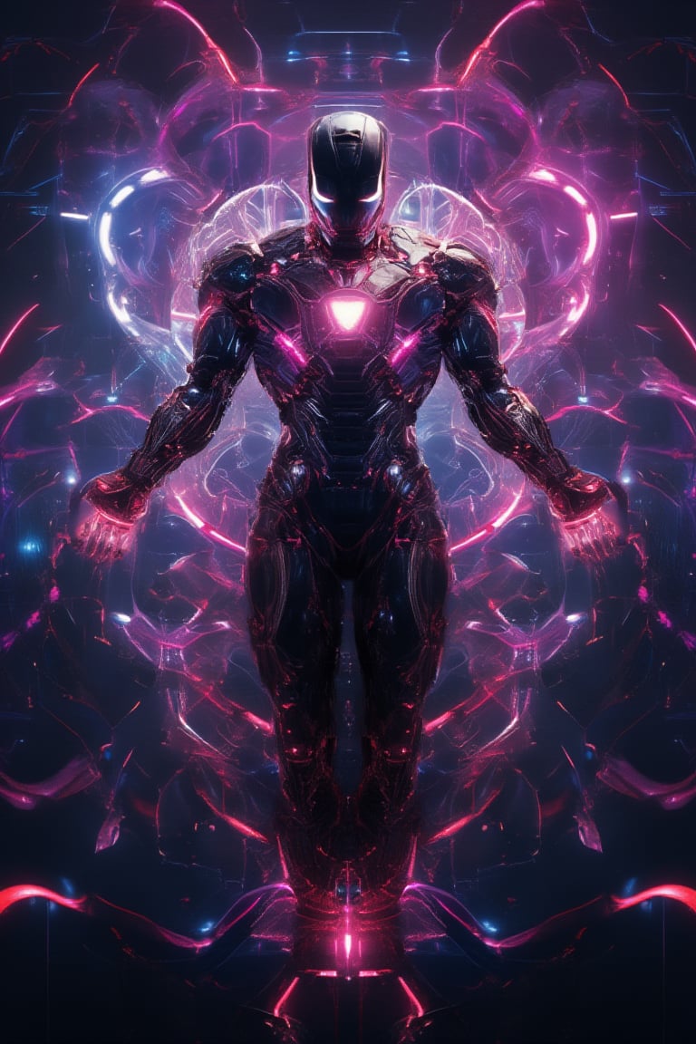 Made of, glowing plasma streams, space adventurer, Iron man wearing his Iconic outfit  Intricate details, 8k, cinematic, subsurface scattering,noc-space,niji