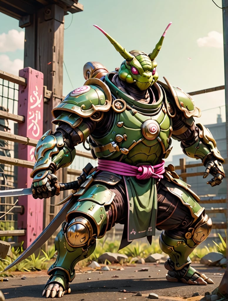 Anthropomorphic snail , Cyborg, pink eyes, wearing green and brown samurai clothing in battle pose ,holding a whimp  of fencing , with wounds and scratches, musculated, anthropomorphic, anthropomorphic, full body shot, wide Angle, octane render RTX, render, realistic render, cinematic lighting 