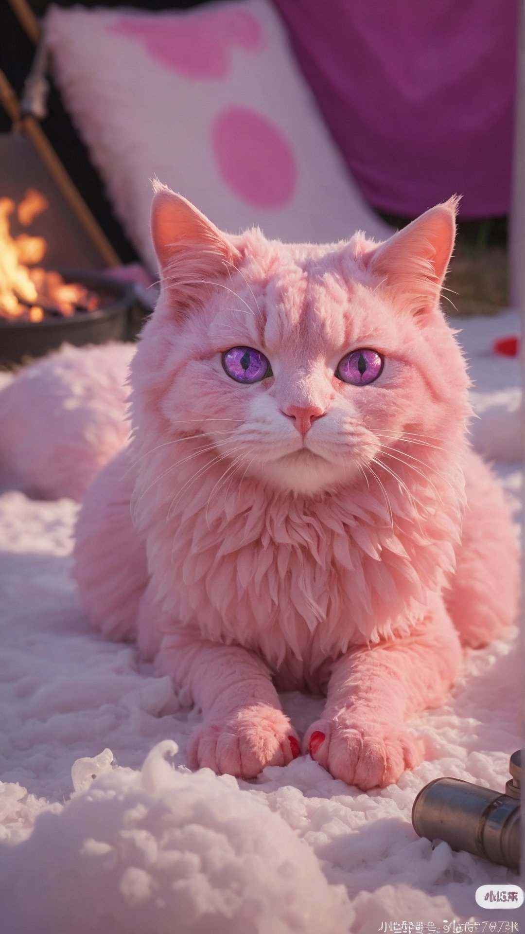 Photograph of a pink cat with white, purple eyes, lying on a white rug in front of a campfire. furry, huggable

(DLSR photography, Best Quality, ultra high resolution (16k), realistic, Very detailed, intricated details, sharp, focus, cinematic lighting, highres, ultra-detailed, absurdres.)