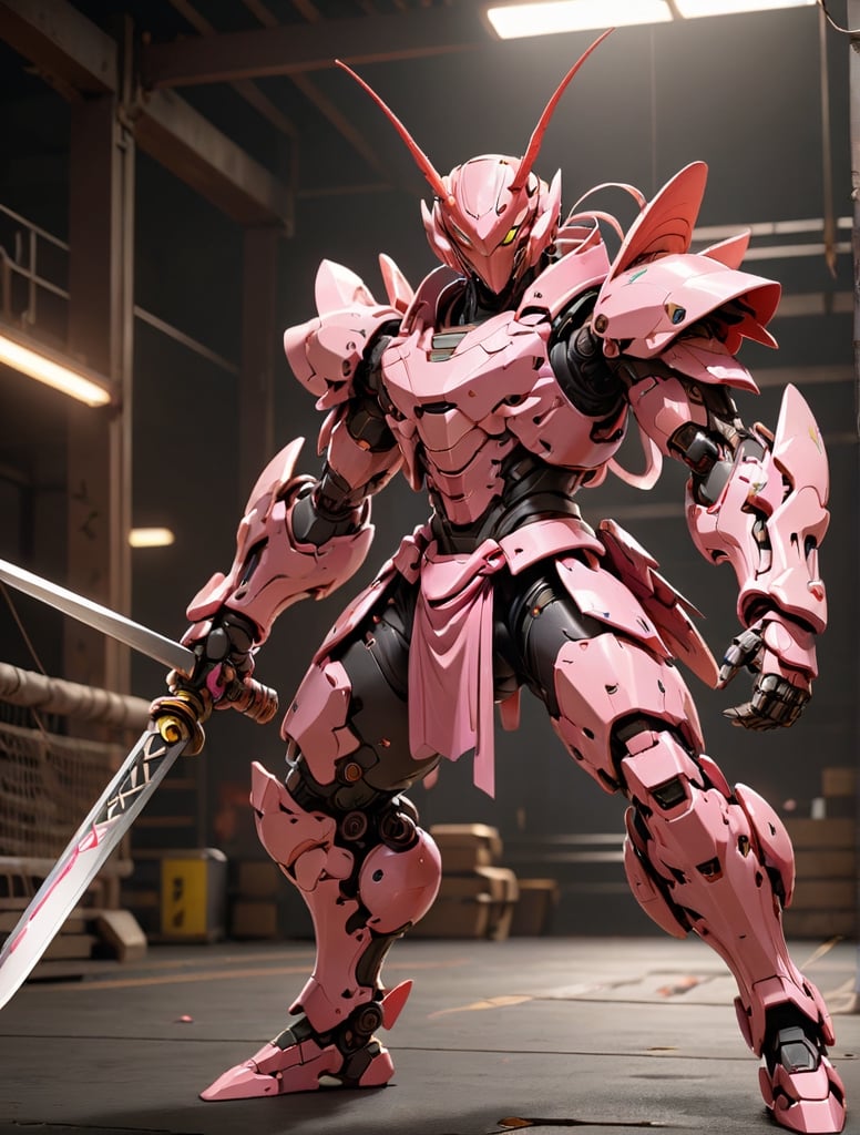Anthropomorphic shrimp , Cyborg, pink eyes, wearing pink samurai clothing in battle pose ,holding a Sword of fencing , with wounds and scratches, musculated, anthropomorphic, anthropomorphic, full body shot, wide Angle, octane render RTX, render, realistic render, cinematic lighting 