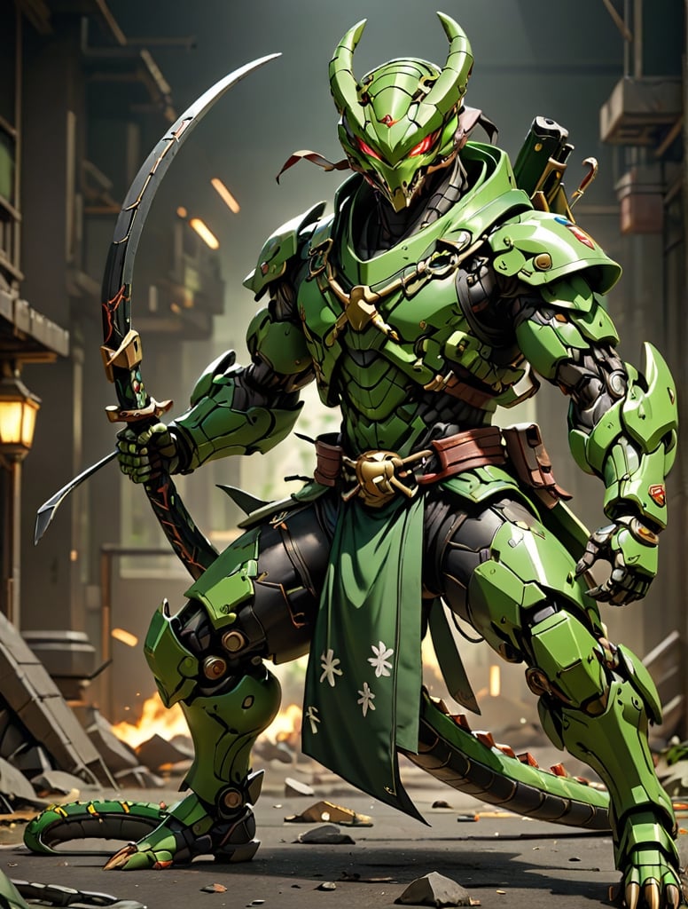 Anthropomorphic snake, Cyborg Snake, green eyes, wearing green samurai clothing holding in battle pose ,holding a bow with, snake with wounds and scratches, musculated snake, anthropomorphic, anthropomorphic, full body shot, wide Angle, octane render RTX, render, realistic render, cinematic lighting 
