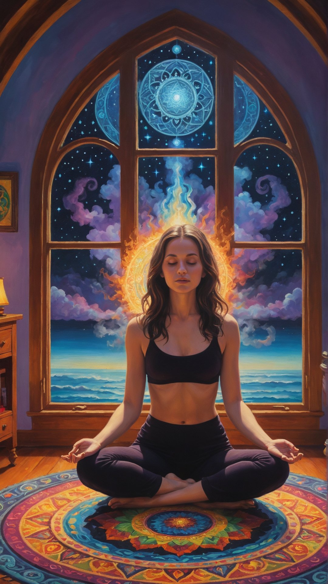 detailed art, oil painting, Handpainted.

Gothic Girl meditating in her room becoming the universe  , sitting in the center of her room on a rug that has a mandala printed on it, meditation pose (non-sexual vibes), dreaming lucid things, night lights, psicodélic Beach Through the window, Pallete ColorTheme, psychedelic vibes, Pastel Hues, Hand Painted, ((incense generating a thin line of smoke)).