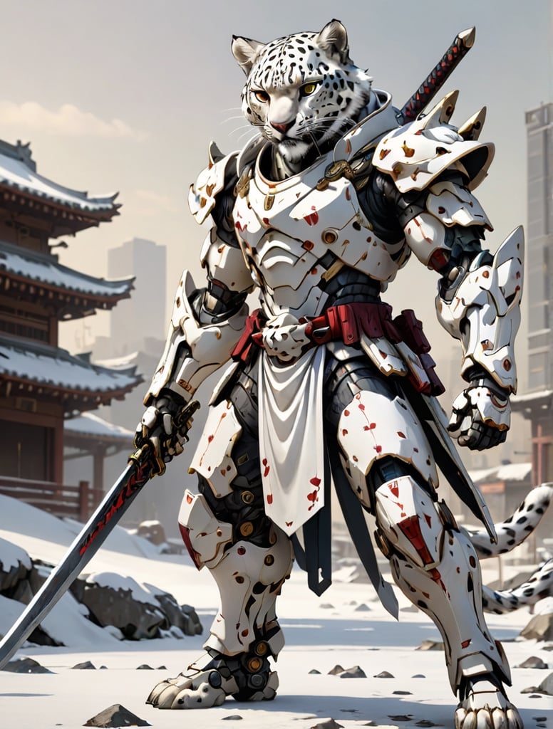 Anthropomorphic snow leopard, Cyborg, white eyes, wearing white samurai clothing holding in battle pose ,holding a sword, snow leopard with wounds and scratches, musculated, anthropomorphic, anthropomorphic, full body shot, wide Angle, octane render RTX, render, realistic render, cinematic lighting 