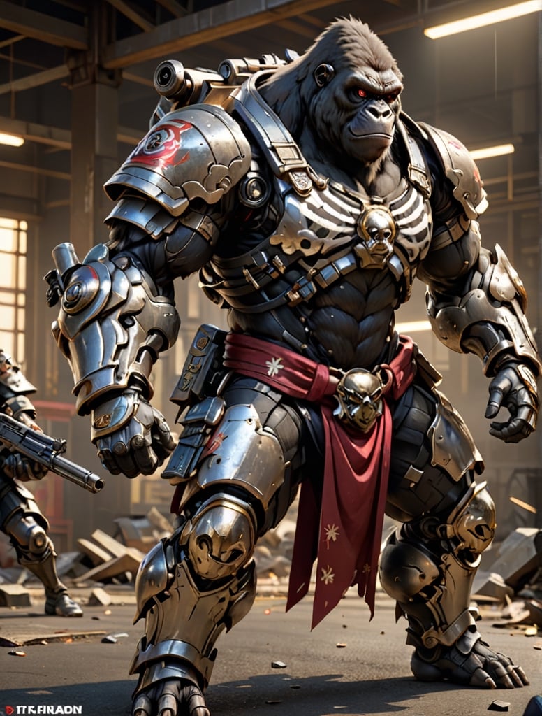 Anthropomorphic Gorilla  , Cyborg, Shining eyes, wearing a samurai clothing in battle pose ,holding an animal gun , with wounds and scratches, musculated, anthropomorphic, anthropomorphic, full body shot, wide Angle, octane render RTX, render, realistic render, cinematic lighting 