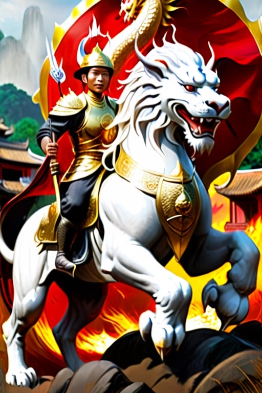 A brave Vietnam dragoon warrior with dragon winya, dressed in a heavy amor. He is holding a big spike and gold shield.He is riding on a white Lion heading to battleground. Background is in the fight of a war battleground , his comerad and solders are backing him.