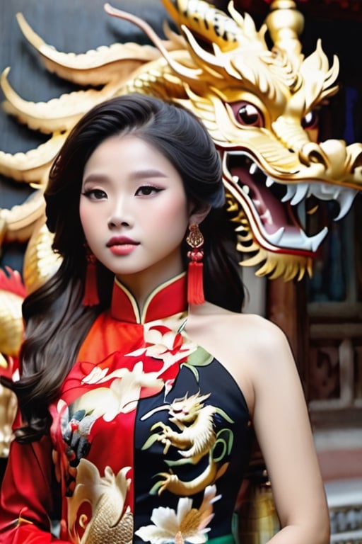 In a mesmerizing depiction, we see a graceful 16-year-old Vietnamese girl captured in a photograph. She exudes elegance, wearing a meticulously designed black ao dai adorned with exquisitely crafted patterns. The intricate motifs vividly portray a majestic golden dragon, symbolizing her immense power and resilience. The image radiates a sense of beauty and poise, bringing to life the rich cultural heritage and strength of the subject. The attention to detail and impeccable composition make this photograph a true masterpiece, captivating viewers with its unparalleled quality.