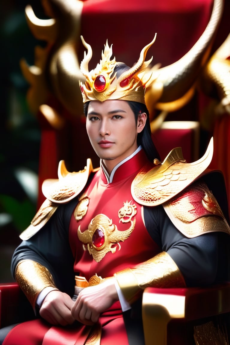 A Vietnamese King, dragon gold crown with a big red ruby stone in the middle of crown, Amor Suit in Gold, big long axe beside, Sitting at his thousand sword king chair. Red Cartpet, 2 knight bodyguard. 16@f5.6, Canon 5D Mark 4, High details, Hyper Resolution, Eyes High Detail.