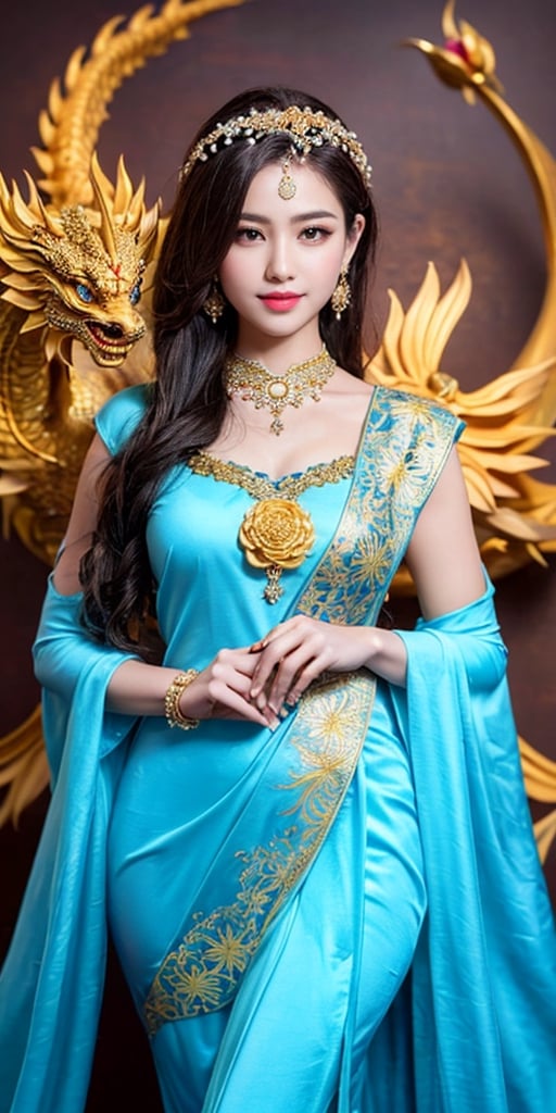 A breathtakingly vivid oil painting portraying a person exquisitely adorned in intricate traditional attire. This captivating individual, gracefully holding a delicate lotus flower, exudes an air of tranquility and wisdom. The meticulously crafted golden dragon, elegantly intertwined with the figure, adds a touch of majestic awe. Every brushstroke is orchestrated with masterful precision, enhancing the image's remarkable quality.