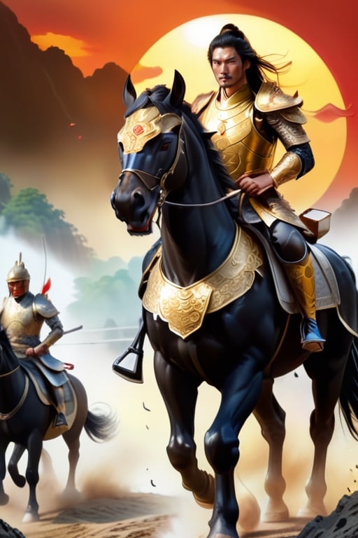As the sun sets on the horizon, a lone figure clad in full Asian armor rides atop a powerful black horse towards the battlefield. The sound of hooves echo through the air as the hero prepares to face their enemies with courage and determination. Describe the scene as this formidable warrior approaches the fray, ready to defend their land and protect their people at all costs. What trials and challenges await them in this epic clash of forces? How will they overcome their foes and emerge victorious in the face of adversity? Let your imagination run wild as you envision the epic battle that is about to unfold.