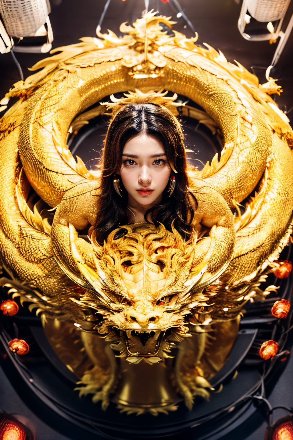 (Absurd, High Resolution, Super Detail) (Masterpiece), (Very Complex: 1.3), (Realistic), Cinematic Lighting, 4K, (Masterpiece), Dreamy, (Golden Dragon Surround: 1.9),
1 girl, (wearing a women's Vietnamese red Ao dai with gold patt, sleeveless, showing thighs: 1.9, long hem), light, magic, glittering light swirl, (dragon body Stroking hands: 1.2), Long hair floating in the wind, (from above:1.3), ((8 rising lights:1.9))