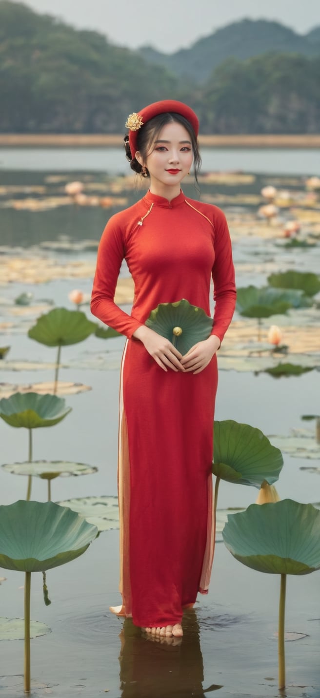 masterpiece, top quality, best quality, official art, beautiful and aesthetic:, Sexy Vietnamese Idol 18 year woman, red ao dai with golden lotus pattern, full_body,fully_clothed,background lake with full of lotus, many audience , many photographer,ultra-high quality, photorealistic, sky background, dynamic pose, icemagicAI