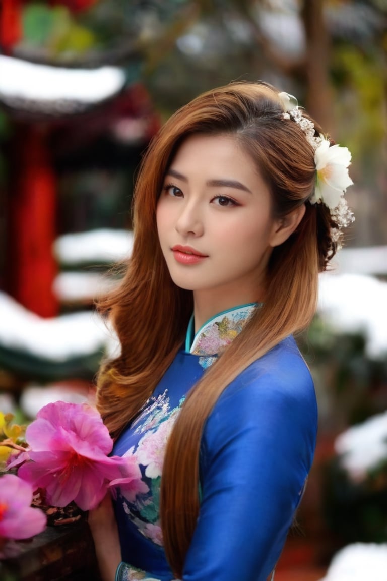 Raw photo,masterpiece,1girl, vietnamese,beautyful face, long hair, breasts, looking at viewer, blonde hair, hair ornament, long sleeves,ao dai, dress, cleavage, brown eyes, standing, flower, outdoors, day, hair flower, blurry, tree, lips, depth of field, snow, snowing, realistic, architecture, winter, east asian architecture, traditional clothes,Ao Dai,woman,dress,r4w photo,beauty,