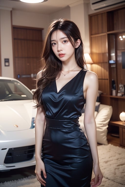 A stunning Vietnamese teenager, her age being 17, stands elegantly beside a sleek Porsche Cayman SUV. This photograph captures her entire figure, illuminated by a flash that ricochets off the ceiling, generating soft and diffused lighting. She joyfully gazes at the camera, radiating genuine happiness. The photograph was taken using a Sony A7R5 camera with a Zeiss 85mm lens set at a wide aperture of f/1.4. The image showcases impeccable clarity and detail, the fine craftsmanship highlighting every aspect of her beauty.