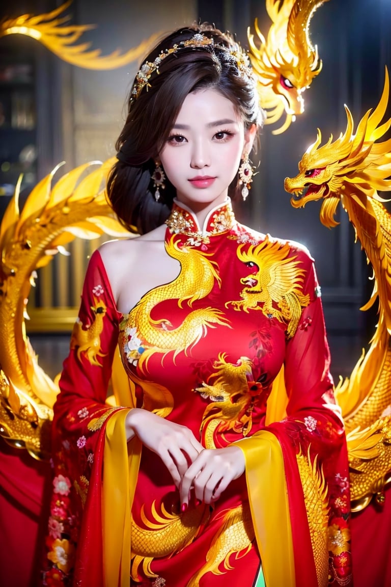 A captivating portrayal of a 28-year-old Vietnamese woman is depicted in this beautiful artwork. She is dressed in a black ao dai, elegantly displaying a vibrant mix of red and yellow phoenix dragon patterns. This high-quality photograph beautifully captures every intricate detail, immersing the viewer in the enchanting charm of the young woman and the cultural significance of her outfit.,Ao dai hoa tiet