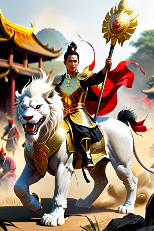 A brave Vietnamese dragoon warrior stands tall, dressed in a heavy amor. He is holding a big spike and gold shield.He is riding on a white Lion heading to battleground. The dust is blowing. Background is in the fight of a war battleground , his comerad and solders are backing him.
