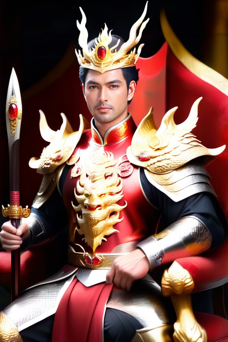 A Handsome Vietnamese King, dragon gold crown with a big red ruby stone in the middle of crown, Amor Suit in Titanium, big long axe left hand, Sitting at his thousand sword king chair. Red Cartpet, 2 knight bodyguard. 16@f5.6, Canon 5D Mark 4, High details, Hyper Resolution, Eyes High Detail.