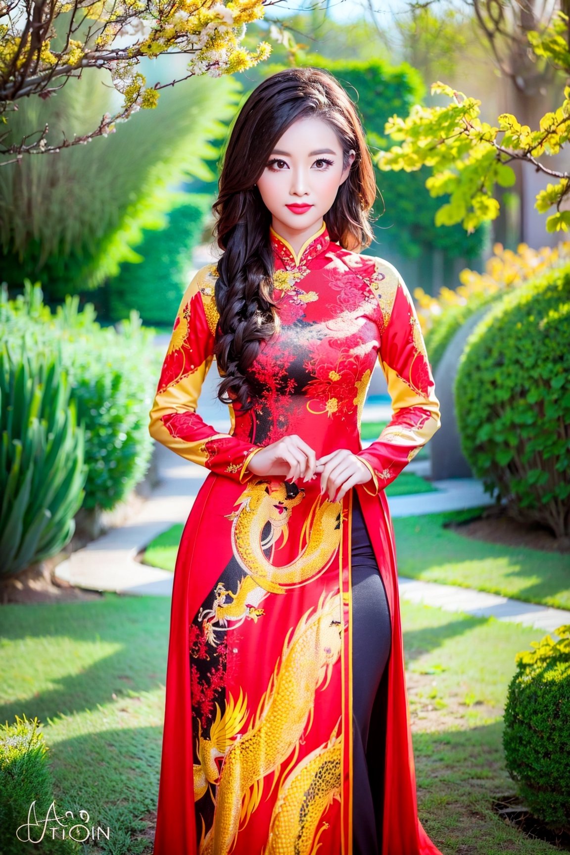 A captivating portrayal of a 28-year-old Vietnamese woman is depicted in this beautiful artwork. She is dressed in a black ao dai, elegantly displaying a vibrant mix of red and yellow phoenix dragon patterns. This high-quality photograph beautifully captures every intricate detail, immersing the viewer in the enchanting charm of the young woman and the cultural significance of her outfit.