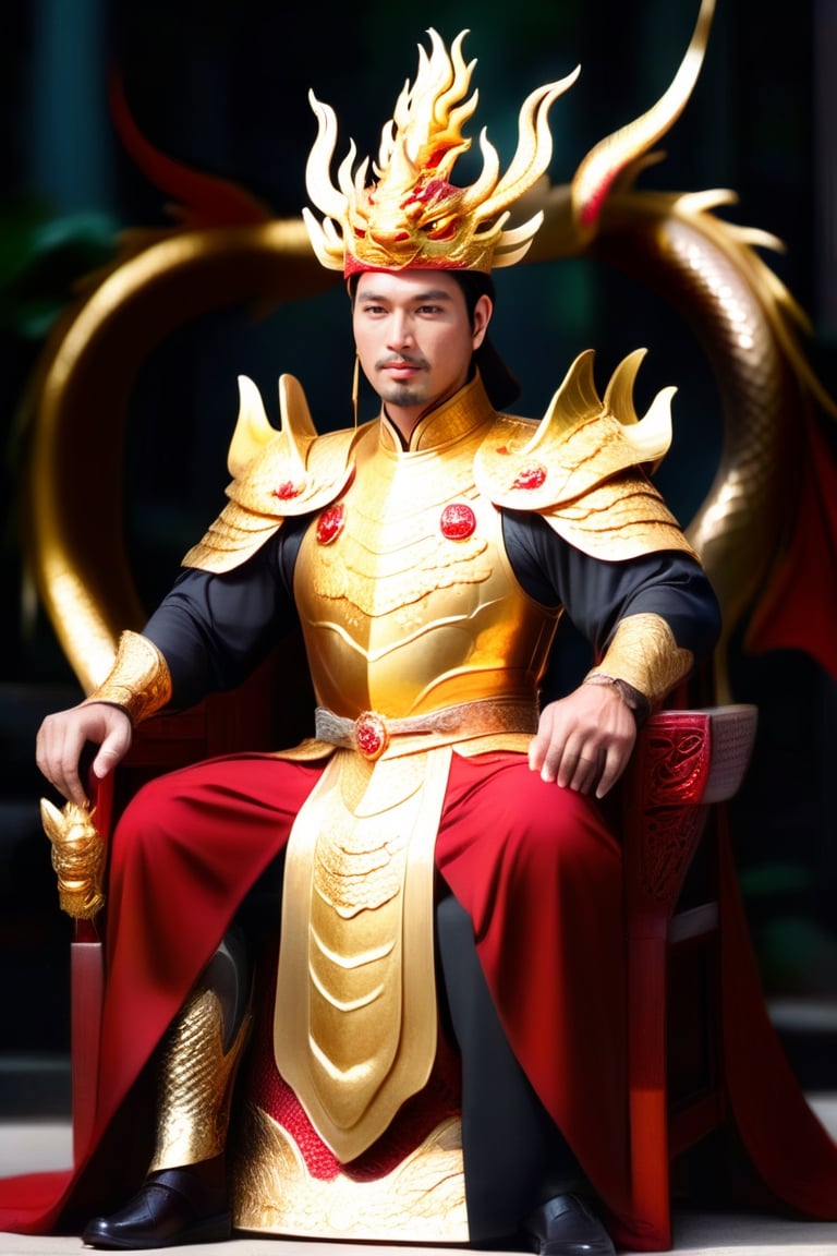 A Vietnamese King, dragon gold crown with a big red ruby stone in the middle of crown, Amor Suit in Gold, big long axe beside, Sitting at his thousand sword king chair. Red Cartpet, 2 knight bodyguard. 