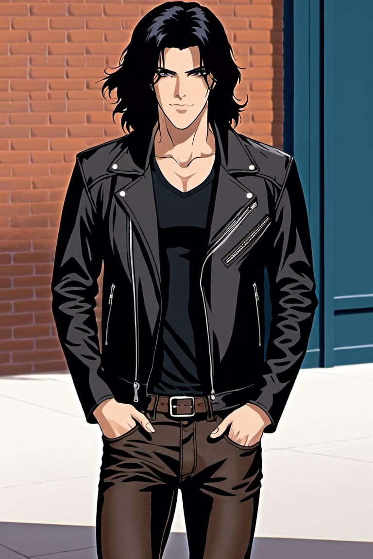 1 male, pale skin, long black hair, brown eyes, fit body, leather jacket, leather jeans, black t-shirt.