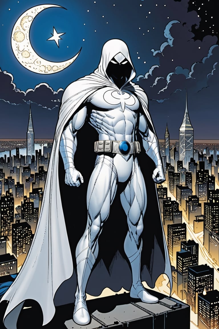 Standing atop a moonlit rooftop, the enigmatic figure known as Moon Knight cuts a striking silhouette against the city skyline. Clad in a suit of White leather, with a hooded cloak, ((adorned with intricate crescent moon motifs)), he exudes an aura of otherworldly power. His muscular physique is accentuated by the tight-fitting suit, which hugs his form like a second skin. A billowing White cape, flows behind him, adding to the air of mystique that surrounds him.

Atop his head rests a hooded cloak and cowl, concealing his features in shadow while his piercing white eyes gleam with an otherworldly intensity. In one hand, he grips a crescent-shaped staff, a versatile weapon capable of both striking down his foes and aiding in his acrobatic feats. On his utility belt, an array of gadgets and tools are holstered, ready to be deployed at a moment's notice.

With an air of silent determination, Moon Knight stands ready to mete out justice upon those who would dare to threaten the innocent, his presence a beacon of hope in the darkness of the night.