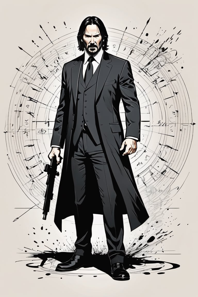 dark, gritty, realistic, mix of bold dark lines and loose lines, bold lines, on paper, turnaround character sheet, a stunningly beautiful (masterpiece, best quality:1.3), (2d:1.3), ink (medium), t-shirt design, black background, Full body, 2D illustration, John Wick, black color, (sharp lines), lines of bold ink, strong outlines, bold strokes, high contrast, (professional vector), best quality, flat colors, flat lights, no shadows, low levels, (gunpowder explosions), arcane symbols, runes, dark theme, Perfect composition golden ratio, masterpiece, best quality, 4k, sharp focus. Better hand, perfect anatomy, ((safe for work))