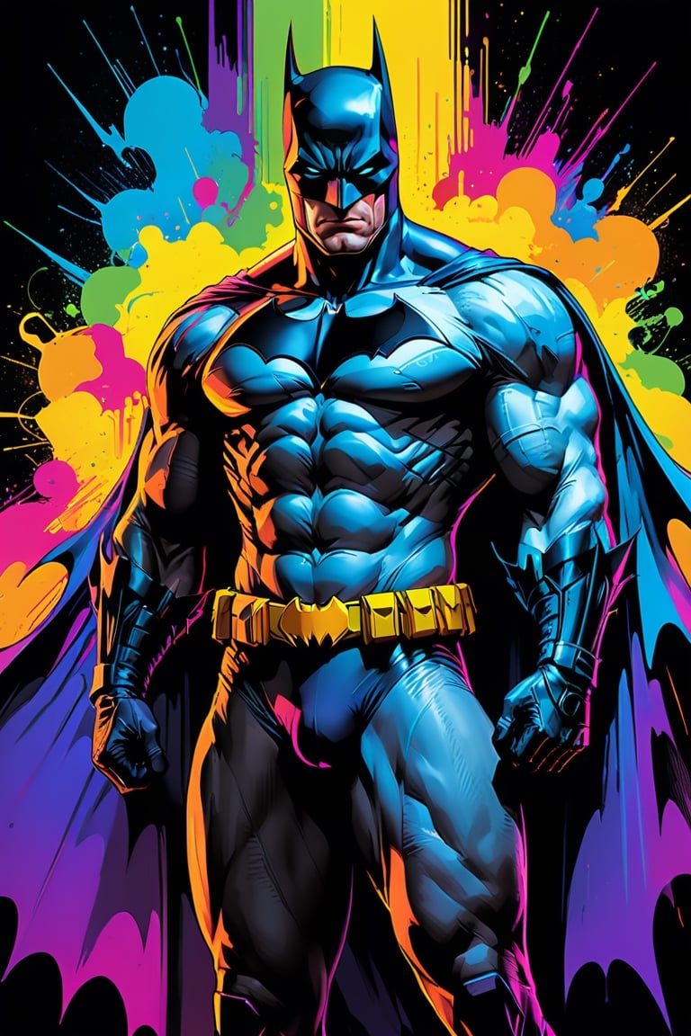 midshot, cel-shading style, centered image, ultra detailed illustration of Batman, posing, ((Full Body)), (tetradic colors), inkpunk, ink lines, strong outlines, art by MSchiffer, bold traces, unframed, high contrast, cel-shaded, vector, 4k resolution, best quality, (chromatic aberration:1.8),more detail XL