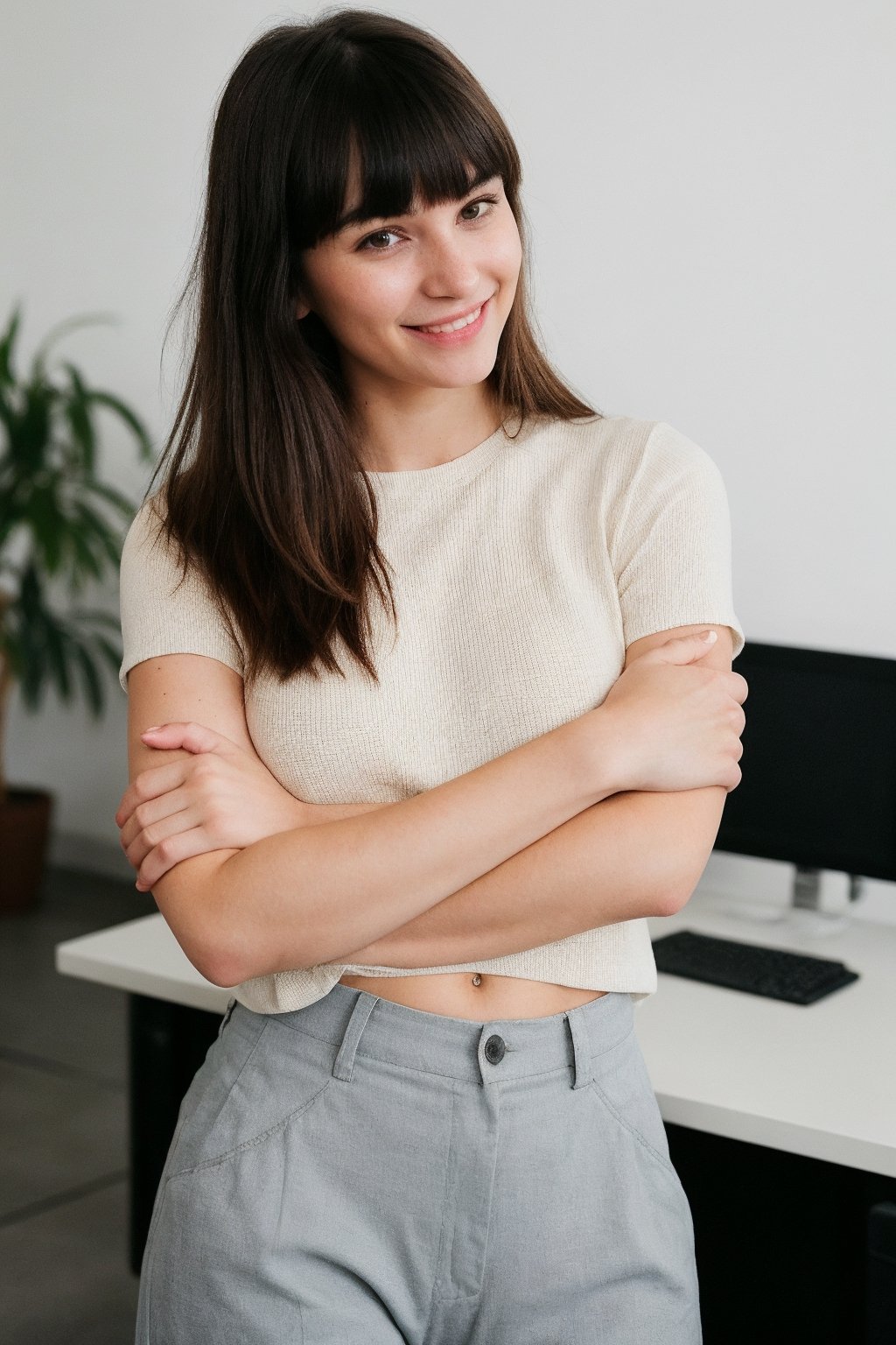 RAW Photo, DSLR BREAK a young woman with bangs, (light smile:0.8), (smile:0.5), wearing relaxed shirt and trousers, causal clothes, (looking at viewer), focused, (modern and cozy office space), design agency office, spacious and open office, Scandinavian design space BREAK detailed, natural light