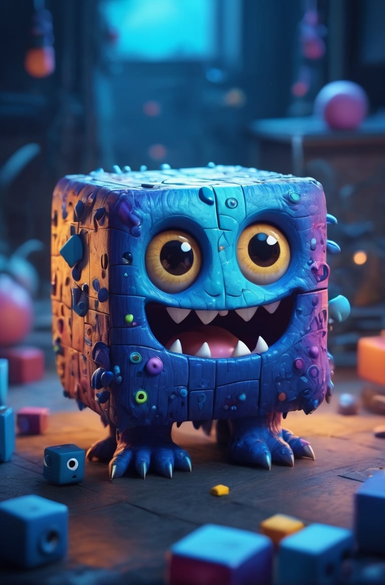 A cute monster in the (Shape of an Cube), blue colorful, clutter, ultra detailed, mysterious, scary, perfect environment, cinematic lighting, product photography, unreal engine, 8K