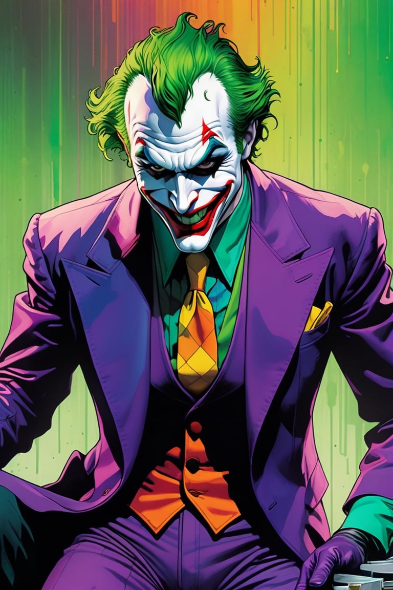 midshot, cel-shading style, centered image, ultra detailed illustration of The Joker, posing, ((Full Body)), (tetradic colors), ((inkpunk)), ((ink lines)), strong outlines, art by MSchiffer, bold traces, unframed, high contrast, cel-shaded, 4k resolution, best quality, (chromatic aberration:1.8)