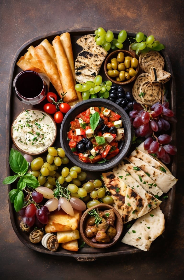 Food photography, delicious Mediterranean food platter with wine