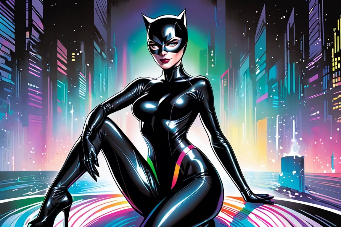 midshot, cel-shading style, centered image, ultra detailed illustration of Catwoman, posing, ((View from behind)), ((Full Body)), wearing one piece, black bodysuit, (tetradic colors), inkpunk, ink lines, strong outlines, art by MSchiffer, bold traces, unframed, high contrast, cel-shaded, vector, 4k resolution, best quality, (chromatic aberration:1.8)