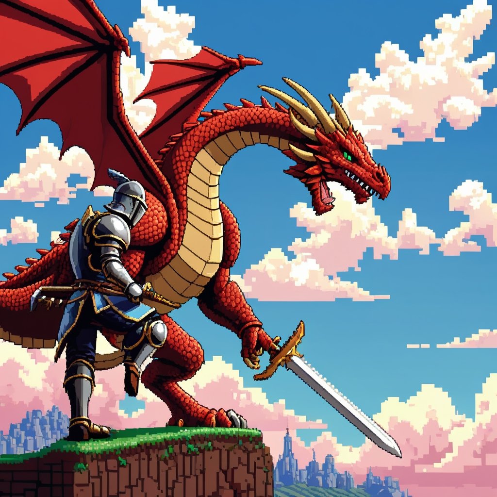 ((2D:1.5)), view from the side, (8-bit video game:1.3), ((pixel art:1.4)), Fantasy knight vs dragon, 1_Knight versus 1_dragon, parallax  background: sky clouds, 