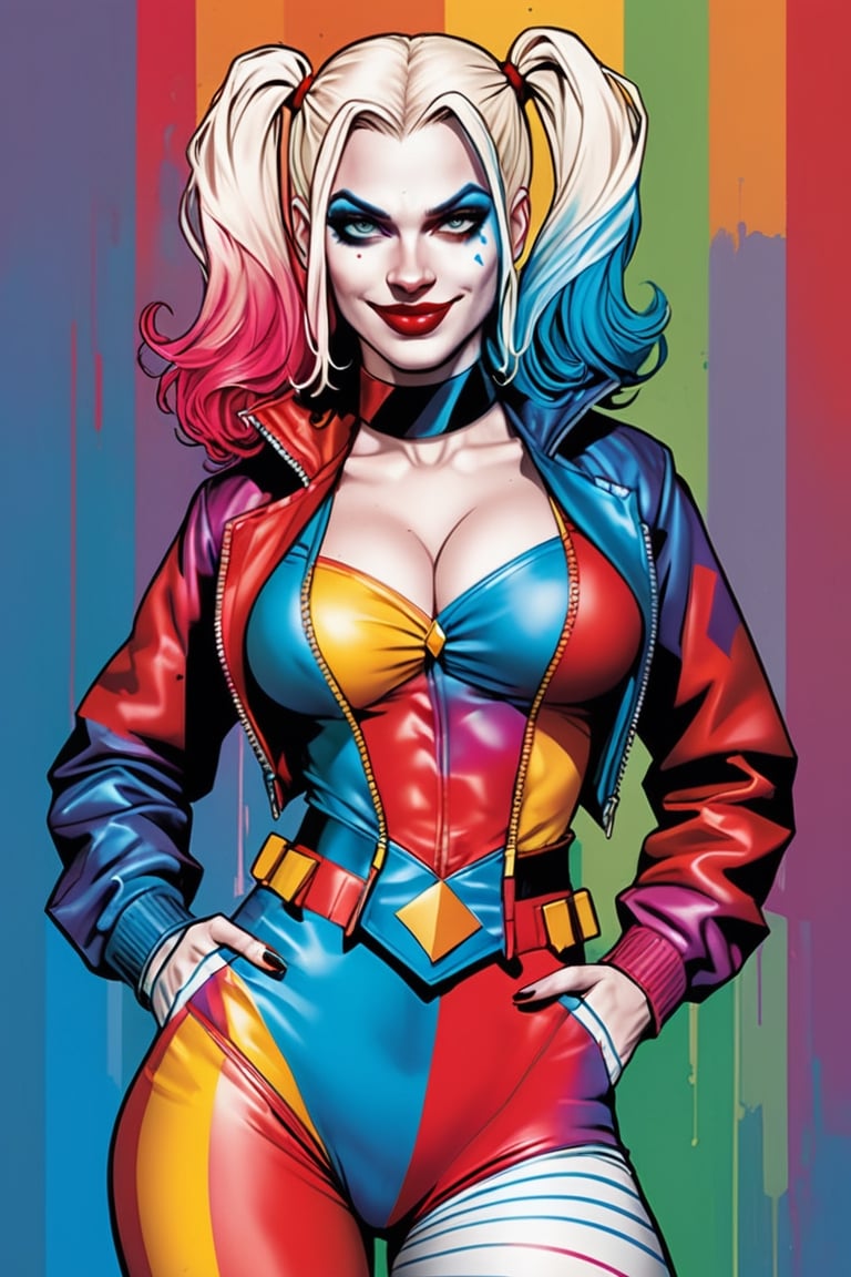 midshot, cel-shading style, centered image, ultra detailed illustration of Harley Quinn, posing, ((Full Body)), (tetradic colors), inkpunk, ink lines, strong outlines, art by MSchiffer, bold traces, unframed, high contrast, cel-shaded, vector, 4k resolution, best quality, (chromatic aberration:1.8)