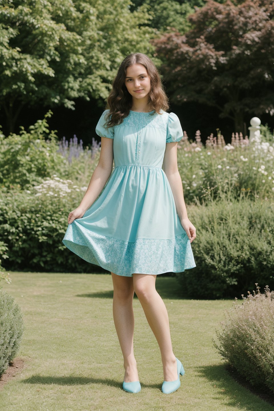 fashion portrait photo of beautiful 27 year young woman from the 60s wearing a cyan summer dress, standing in the middle of a beautiful British garden, she has wavy hair, taken on a hasselblad medium format camera