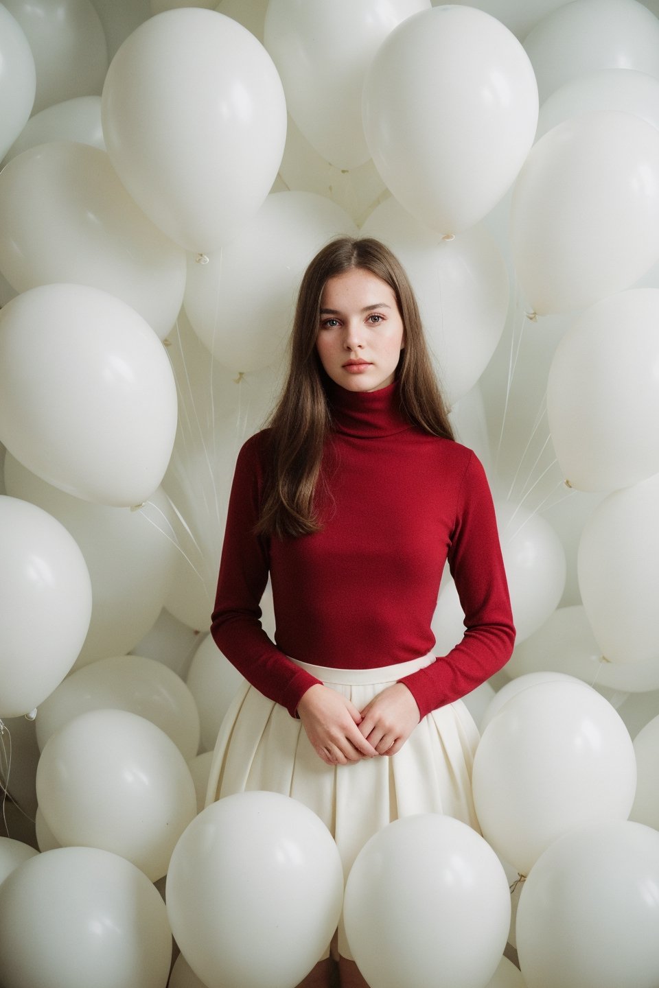 fashion portrait photo of beautiful young woman from the 60s wearing a red turtleneck standing in the middle of a ton of white balloons, taken on a hasselblad medium format camera