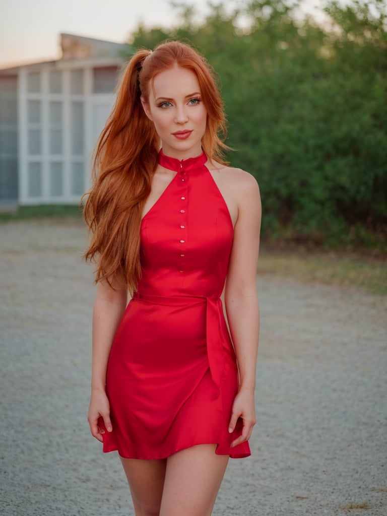 1girl, ginger long hair, (pony tail hair), pale skin, skin details, beautiful, global illumination, (cowboy shot, photo shoot), looking at viewer, flirting, (raw photo, photorealistic), epiCRealism, highly detailed, bokeh, silk dress (red dress), standing, outside