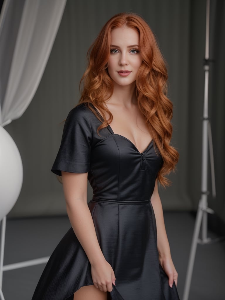 1girl, ginger long hair, (wavy hair) pale skin, skin details, beautiful, global illumination, (cowboy shot, photo shoot), looking at viewer, flirting, (raw photo, photorealistic), epiCRealism, highly detailed, bokeh, strap dress (black dress), standing, at studio