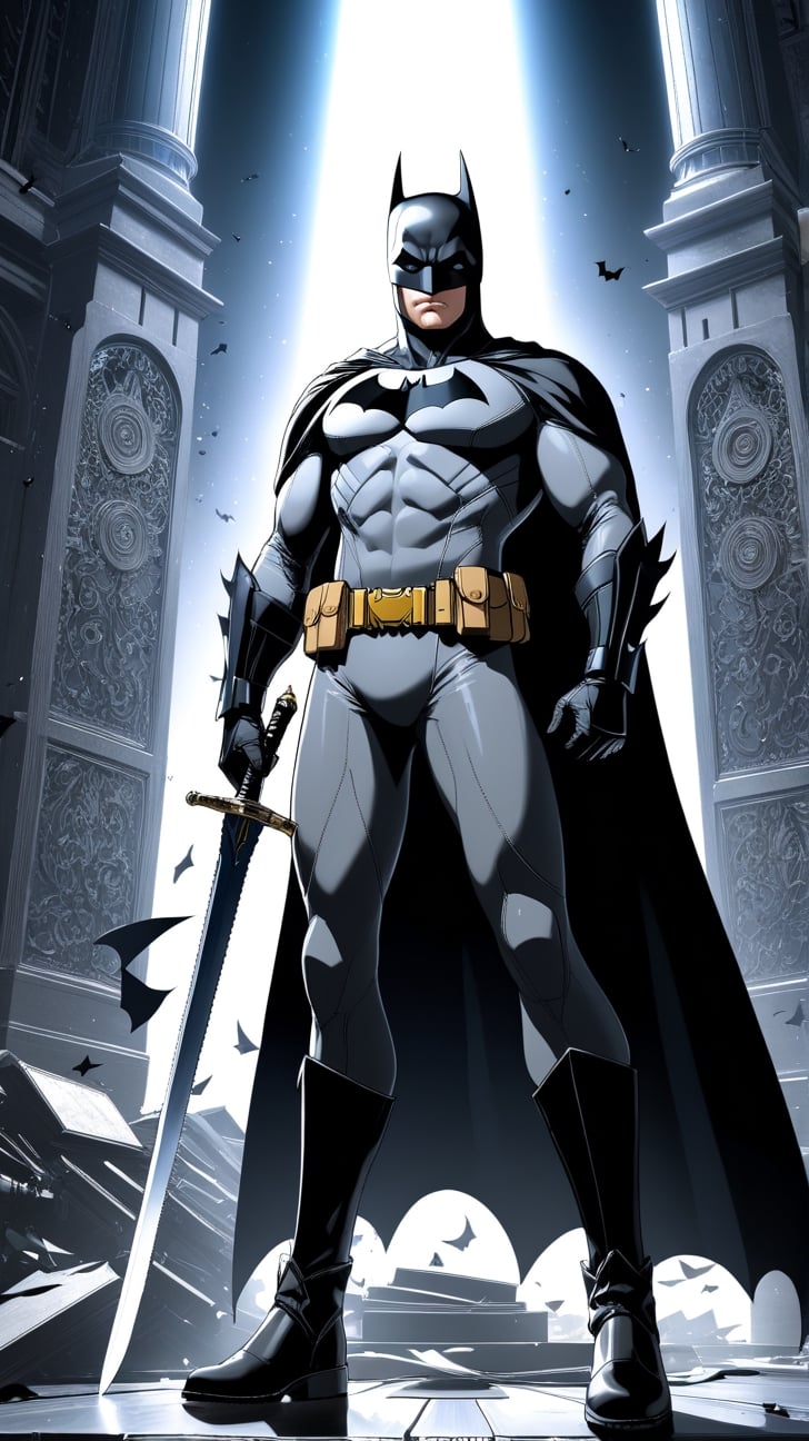 Hyper-Detailed Anime of The Batman, solo, weapon,male focus,boots,sword,cape,mask,superhero,simple background,cluttered maximalism
BREAK
(rule of thirds:1.3),(thick drawing lines:1.2),perfect composition,studio photo,trending on artstation,(Masterpiece,Best quality,32k,UHD,sharp focus,high contrast,HDR,hyper-detailed,intricate details,ultra-clear:1.3),(cinematic lighting),photo_b00ster, real_booster,art_booster,ani_booster