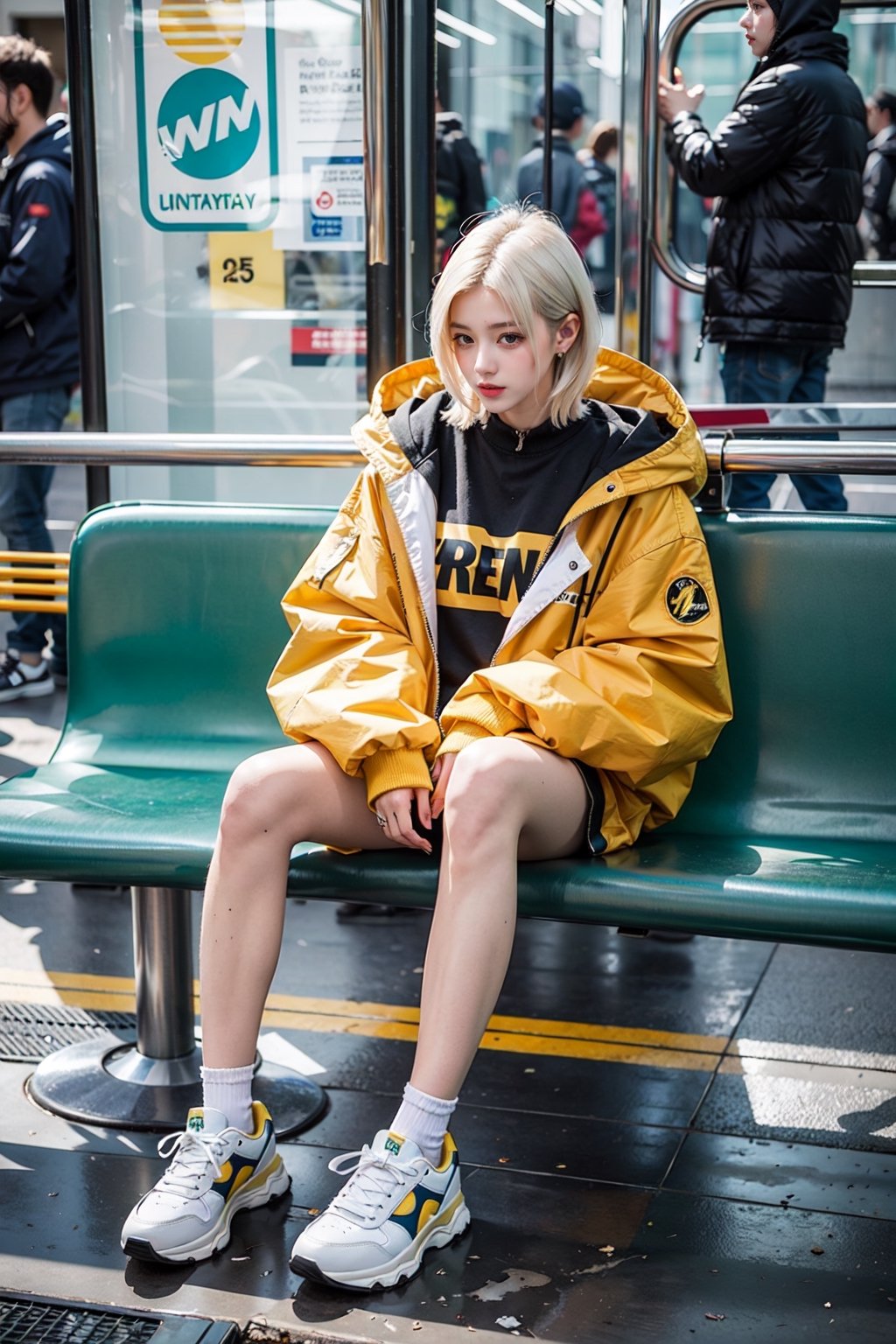 yellow_jacket, 1girl, oversized_clothes , white_hair, sneakers , sitting inside a subway, Realism