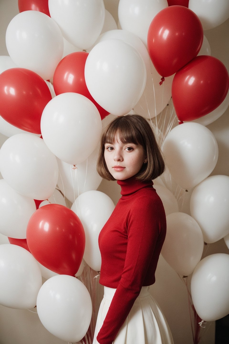 fashion portrait photo of beautiful 20 year young woman from the 60s wearing a red turtleneck standing in the middle of a ton of white balloons, taken on a hasselblad medium format camera