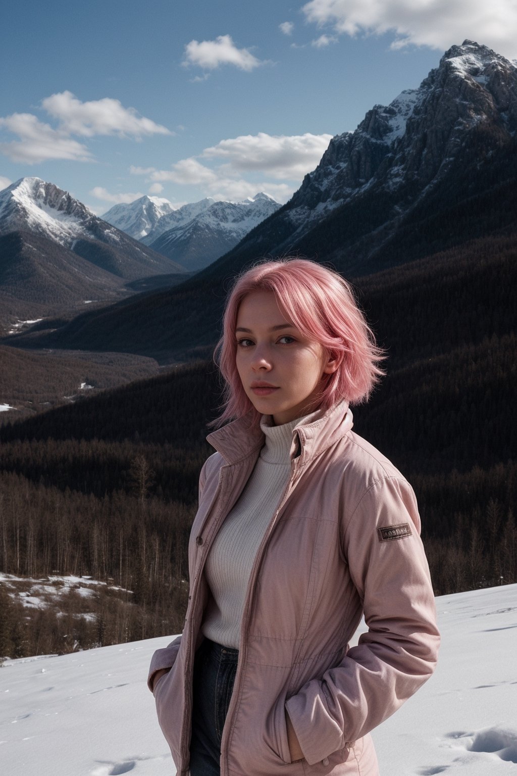 Amidst the pristine beauty of snow-covered mountains, a young woman with an air of quiet confidence poses. Her face, marked by sharp, elegant features, is highlighted by her unusual pink hair, which contrasts vividly with the white snow. She wears a well-tailored jacket that accentuates her slim figure, the classic design of the garment complementing the ruggedness of the environment. Her expression is serious, her gaze fixed on the horizon, suggesting a mind occupied with thoughts beyond the immediate landscape. The jacket, made of a thick, warm material, protects her from the chill of the mountain air, while also adding a touch of sophistication to her appearance. Around her, the mountains rise majestically, their peaks hidden by clouds, creating a sense of awe and wonder that is mirrored in her serene expression.